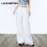 lacrawfish白色休闲裤波浪线，切割拼接显瘦百搭宽松阔腿裤子女