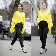 欧美风超模街拍同款显瘦百搭柠檬黄蝙蝠长袖时尚单排扣衬衫女