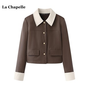 拉夏贝尔/La Chapelle复古翻领pu皮衣外套女春季新款撞色短款夹克