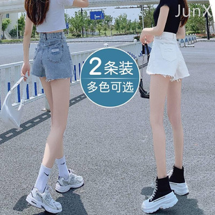 2023白色牛仔短裤女夏年薄高腰，显瘦小个子字破洞设计感热裤a