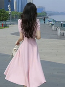 速发温柔风初恋粉色圆领，短袖连衣裙子女，夏季法式气质包臀长裙