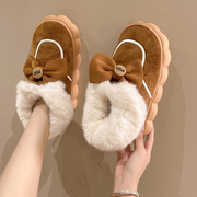 蝴蝶结法兰绒毛毛鞋女士，2023冬季可爱高包跟雪地，靴防滑外穿毛绒鞋