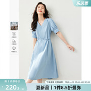 梵希蔓气质通勤蓝色连衣裙，女2024年夏季绑带，收腰显瘦别致裙子