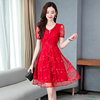 红色小个子夏装，高端奢华大牌名媛气质，蕾丝连衣裙2024大码女装