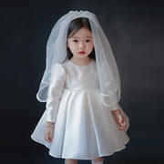 花童婚礼女童礼服白色长袖周岁公主裙女宝宝缎面儿童主持人演出服