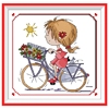 可爱阳光女孩骑自行车的卡通现代人物印花十字绣卧室简单小件
