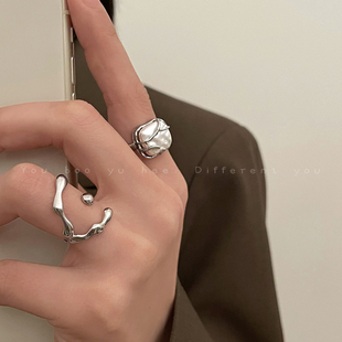 珍珠开口戒指女小众独特设计食指，戒法式轻奢高级感独特夸张指环