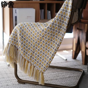 针织毯午睡小毯子，美式钩针装饰毯毛毯，线毯黄色方格装饰毯