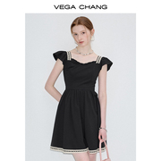 vegachang黑色连衣裙女2024年夏季小个子收腰显瘦法式小黑裙