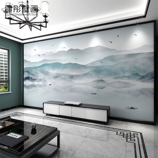 新中式水墨山水电视背景，墙纸客厅沙发影视墙壁纸，意境卧室壁画壁布