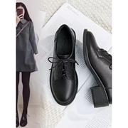 正装皮鞋女秋冬中跟办公室棉鞋黑色工作鞋系带粗跟英伦风通勤女鞋