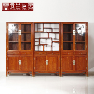 红木家具缅甸花梨木书柜，三件套组合全实木，中式落地仿古展示置物柜