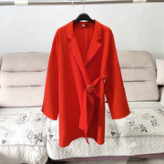 法式长袖西装领气质，小个子显瘦风衣女，红色时尚中长款休闲外套春秋