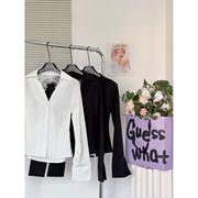 黑白两色后背拼接蕾丝，衬衫女春季v领设计感性感内搭上衣
