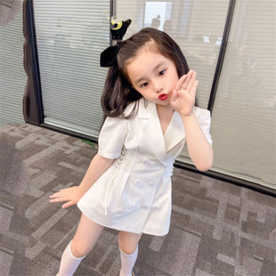 女童洋气收腰连衣裙，2024夏季韩版儿童时髦西装，裙子宝宝泡泡袖