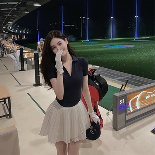 韩版高尔夫女装polo衫短袖，t恤百褶裙套装网球，羽毛球防走光短裙裤