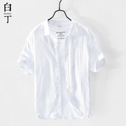 夏季日系薄款高级感半短袖亚麻衬衫男宽松休闲冰丝感棉麻衬衣白色