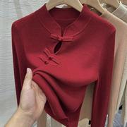 红色国风毛衣女(毛衣女)2024女装，秋冬修身针织新中式，酒红色打底衫上衣