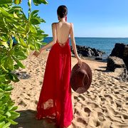 渡假连衣裙红色沙滩三亚旅行穿搭大红色显瘦气质大露背吊带长裙