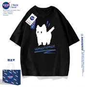 NASA联名黑色白猫短袖t恤男女款2023潮流青少年夏季宽松体恤