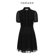 vgrass墨黑色蕾丝，连衣裙夏季经典玛丽官，系带连衣裙vsl2o24050