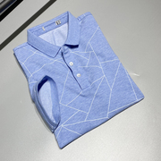 浅蓝菱形格纹印花男短袖，polo衫翻领线条套头，上衣春夏男短袖t恤