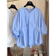 蓝色衬衫女装秋季设计感七分袖立领衬衣娃娃衫宽松显瘦泡泡袖上衣