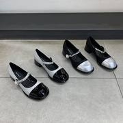 欧洲站女鞋2024春季欧货一字，扣布面圆头粗跟高跟，单鞋玛丽珍鞋