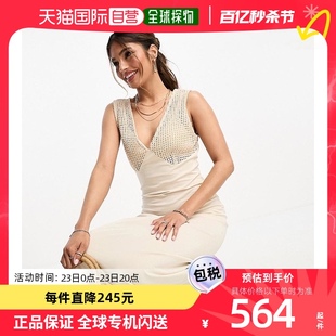 香港直邮潮奢asos女士设计钩花v领针织，乳白色中长连衣裙(牛油色