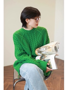 麻花套头慵懒风牛油果绿色上衣设计感小众针织衫复古毛衣女秋冬季