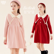 女童毛衣裙秋冬洋气保暖公主裙子红色小女孩加厚连衣裙童装