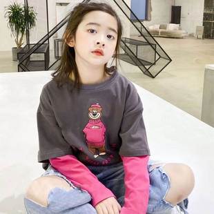 纯棉长袖T恤假两件秋装2024中大童上衣10岁女童加绒韩系衣服
