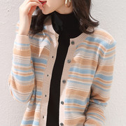 法式优雅复古撞色条纹羊毛，针织开衫女春秋长袖，羊绒拼色显瘦短外套