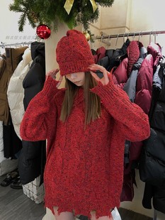 ANAN高领中长款慵懒风渲染麻花毛衣女圣诞氛围冬季加厚磨破针织衫