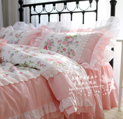 原单出口欧美粉玫瑰园全棉荷叶，边蕾丝床上用品，美式田园床裙四件套