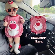 婴儿夏季连体衣宝宝三角，哈衣短袖衣服，薄可爱超萌草莓熊包屁衣爬服