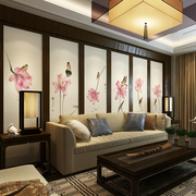 新中式荷花客厅电视背景墙，壁纸水墨山水，墙布素雅花鸟定制壁画卧室