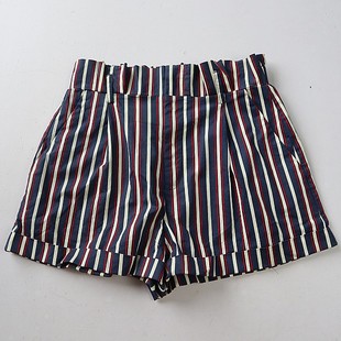 日单夏季女士微弹松紧腰竖条纹休闲裤 个性微弹高腰短裤K2