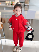 女童加绒加厚卫衣套装宝宝冬季女孩儿童时髦卡通网红冬装休闲衣服