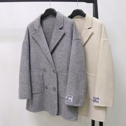 灰色双面羊绒大衣女，2023小个子高级感气质，显瘦西装羊毛呢外套