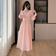 2024春装法式v领收腰显瘦通勤压褶高级感粉色雪纺连衣裙长裙