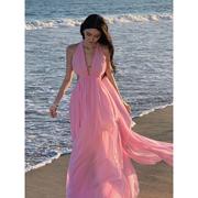 夏季波(夏季波)西米亚粉红色沙滩，露背挂脖飘带连衣裙，长裙飘逸雪纺海边度假