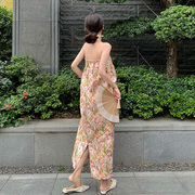 新中式旗袍松复古丝绸提花，中式抹胸度假裙晨袍写真小礼服连衣裙夏