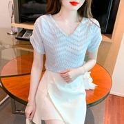 2023夏季韩版V领珍珠蕾丝衫雪纺衫设计感短袖洋气小衫