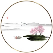 新中式c玄关装饰画客厅圆形，山水画国画靠山走廊，挂画过道壁画