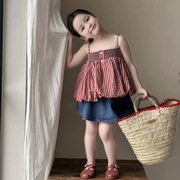 2024夏季童装 韩版童装 女童红格子吊带娃娃衫 裙摆式吊带衫