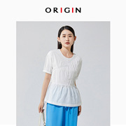 ORIGIN/安瑞井白色甜美可爱圆领T恤女2023全棉褶皱设计收腰上衣