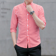 男士短袖衬衫夏季条纹中袖衬衣休闲韩版修身五七分袖寸衣潮流帅气