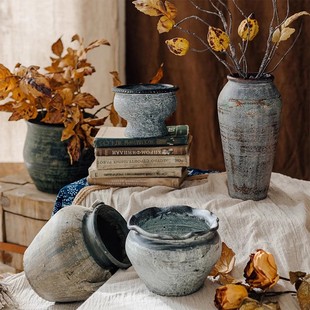 掬涵中式复古陶瓷花瓶摆件客厅，装饰落地插花花器做旧大粗陶罐花盆