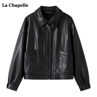 拉夏贝尔/La Chapelle秋季复古机车服皮衣女短款百搭黑色外套
